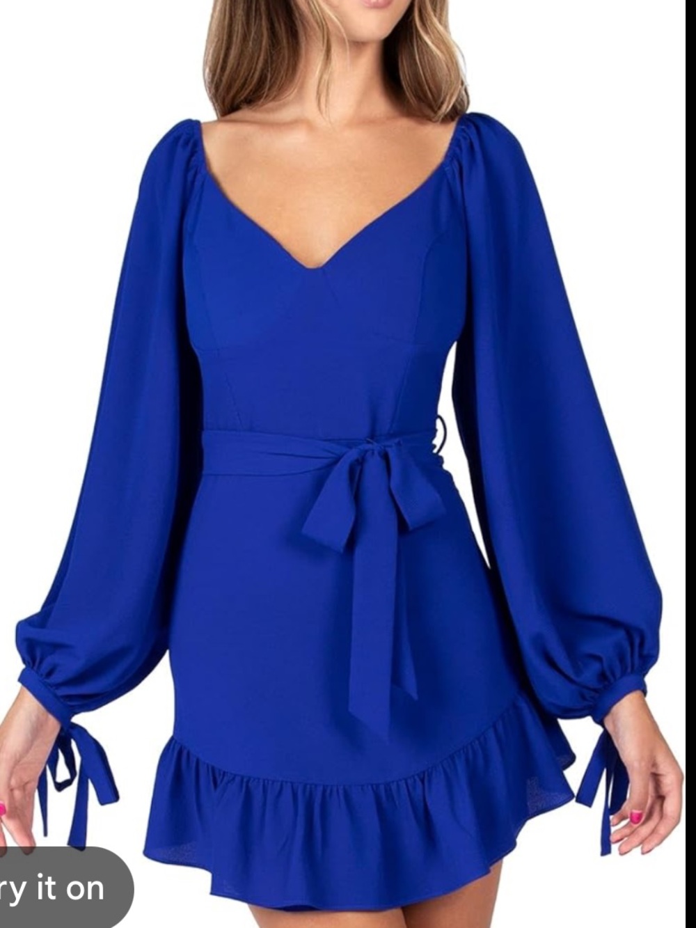 New B. Darlin Blue Long-Sleeve V-Neck Tie-Waist Dress